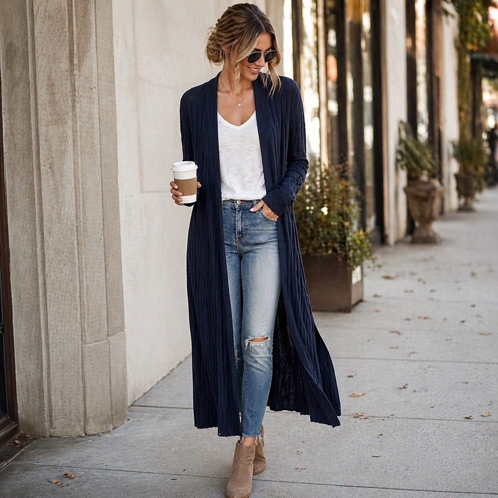 FREE PEOPLE Duster Cardigan Long Ribbed Open Front Navy Boho S